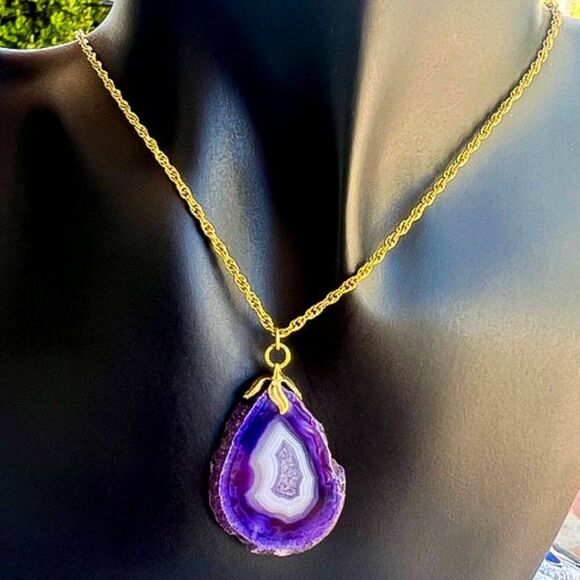 Vintage Amethyst Geode Slice Pendant Necklace 18" - Picture 1 of 8